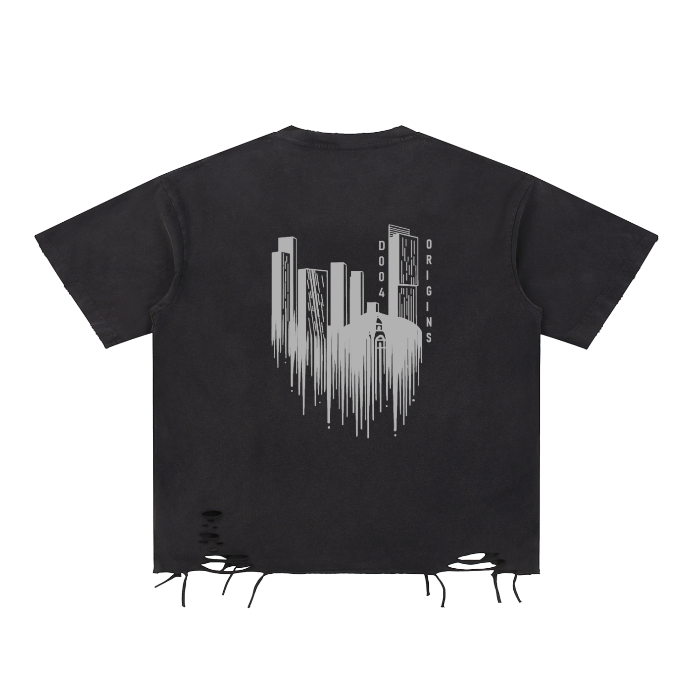 Black t-shirt with a graphic design on the back on a white background