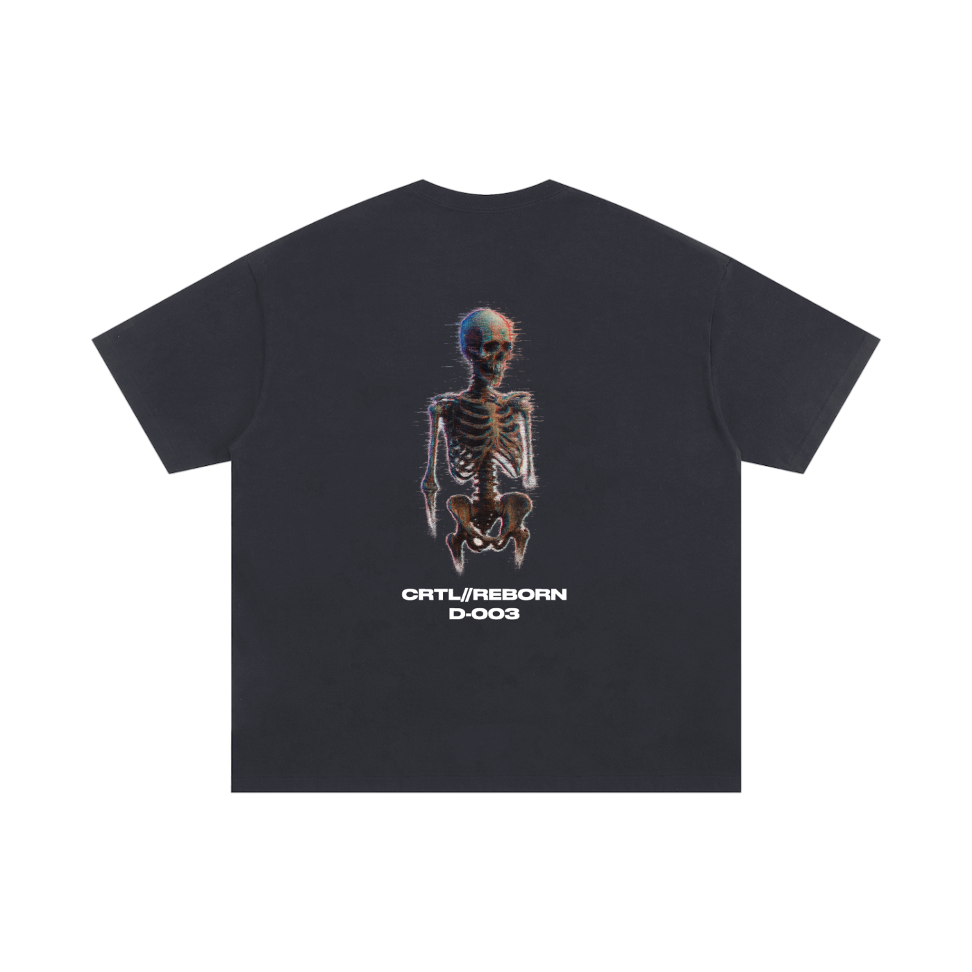 Black t-shirt with a skeleton design and text on the back against a white background