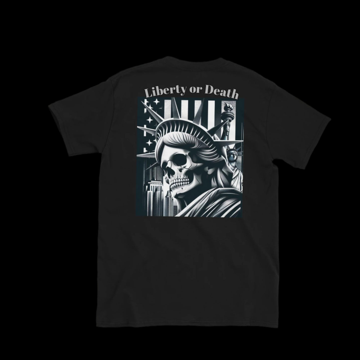 Black t-shirt with a graphic design of a skull in a helmet with American flag and Statue of Liberty, placed on a light surface with accessories.