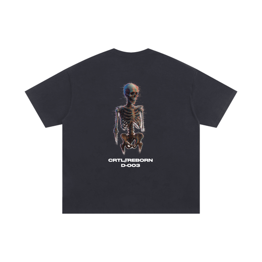 Black t-shirt with a skeleton design and text on the back against a white background